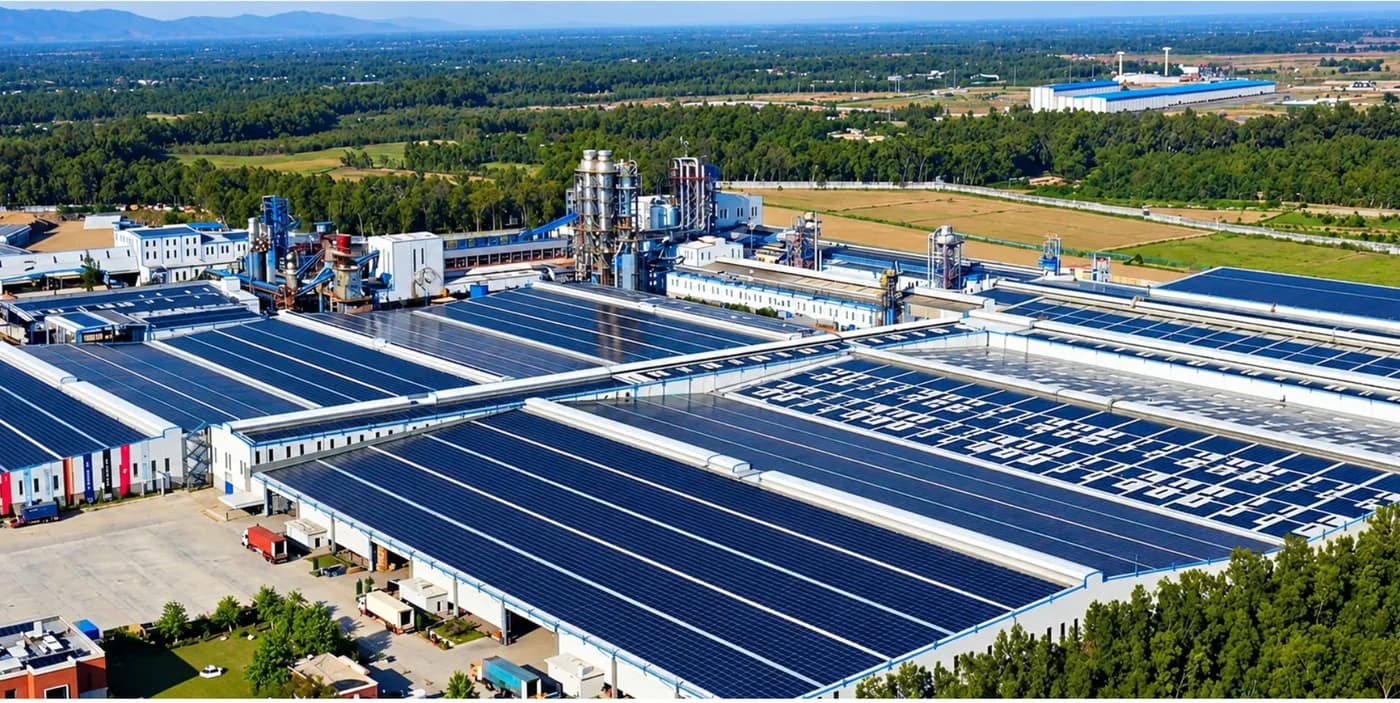 Aerial view of the ZRK Group plant, its roofs covered in solar panels